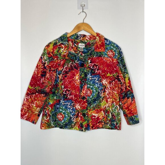 Chico's Cotton SIlk 3/4 Sleeve Crop Blazer Multi-Color Floral Abstract Size 1/ M - Picture 1 of 8